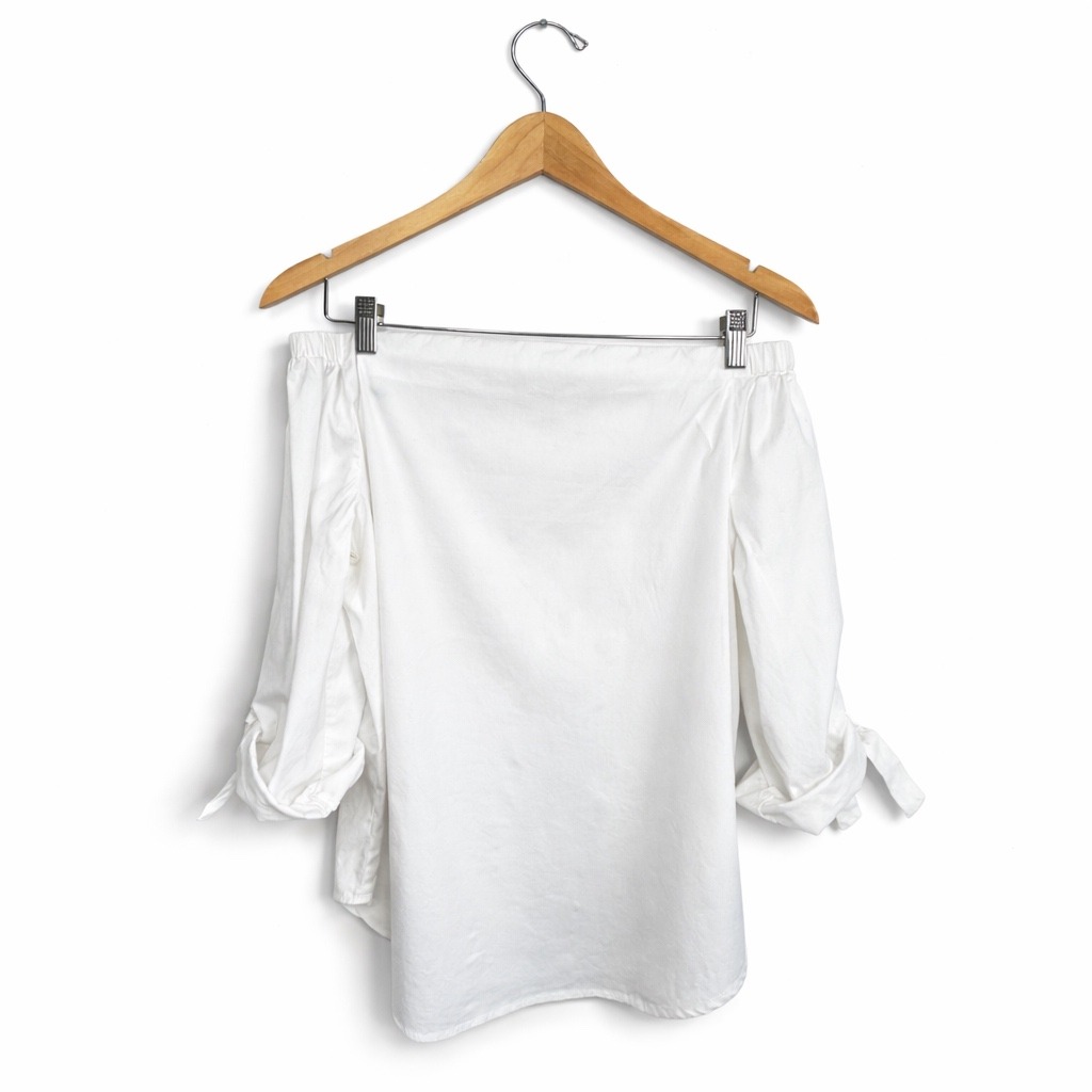 J Mclaughlin Off Shoulder Blouse White Size S Tie Sleeve Preppy Coastal